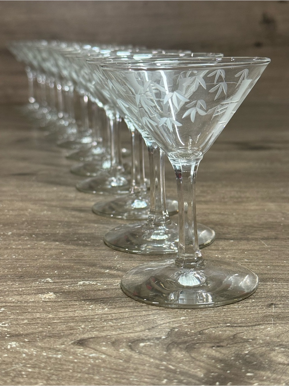 (8) Vintage Noritake Sasaki Bamboo Etched Glassware Martini Glasses Set 8